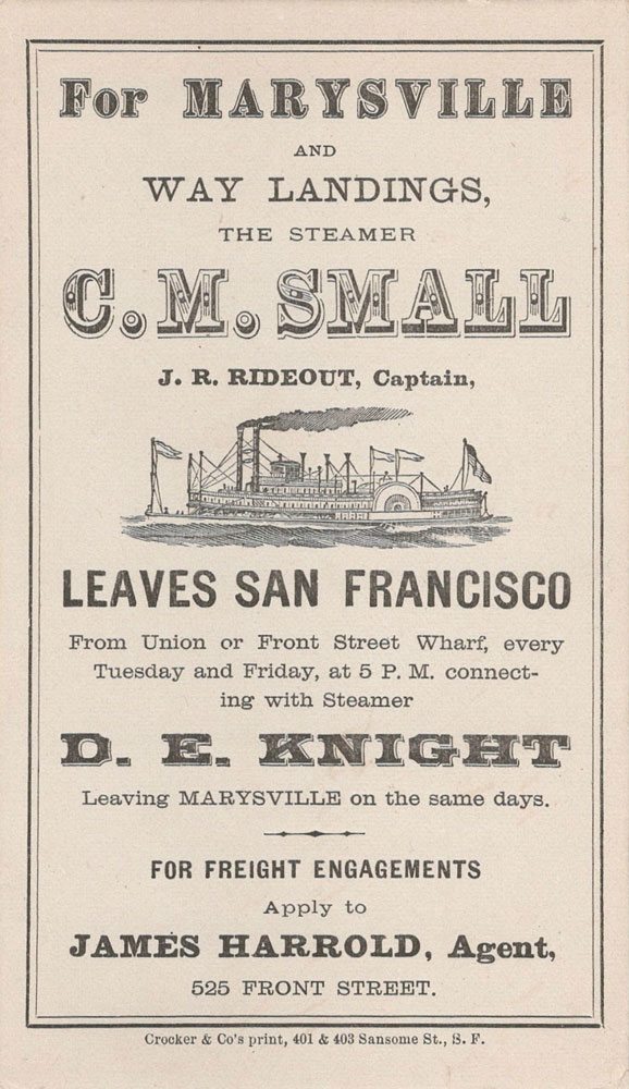 For Marysville And Way Landings, The Steamer C. M. Small, c. 1874. Trade card
